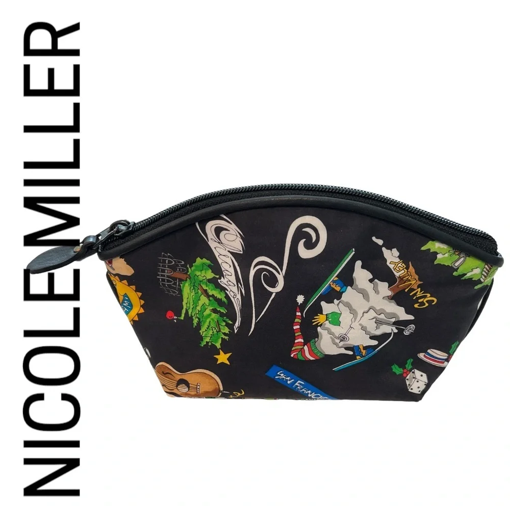 VTG 1994 Nicole Miller Silk Cosmetic Pouch Leather Trim Christmas Ski Travel